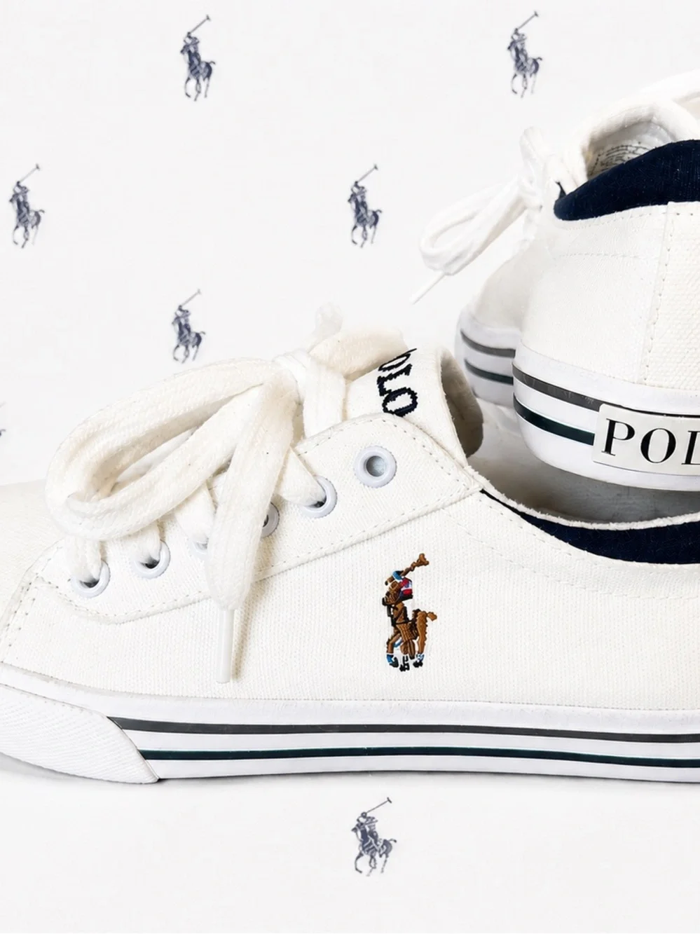 Ralph Lauren White Canvas Kids Sneakers with Navy Trim